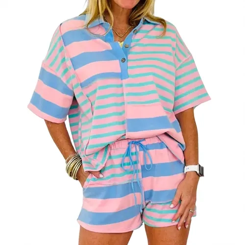 Asvivid Women Striped Color Block 2 Piece Loungewear Set-Exposed Seam Oversized Polo Top Drawstring Shorts With Pockets Casual Summer Outfits