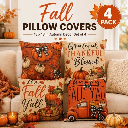 18x18 in Linen Fabric Couch Cushion Covers (Set of 4) - Durable, Fade-Resistant, Stain Resistant, Pumpkin Motifs with Heartwarming Message Print, Easy to Put On and Take Off, Fall Living Room Home Decor Items