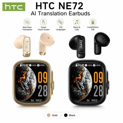 HTC NE72 Waterproof Headphones - Chargeable In-Ear Bluetooth 6.0 Earbuds with Smart Screen, Charging Case Speaker Mode, Translation Switch, Touch Control, Active Noise Cancellation, TikTok Swipe Control, Hands-Free Flexible Earbuds for Gamers & Calls
