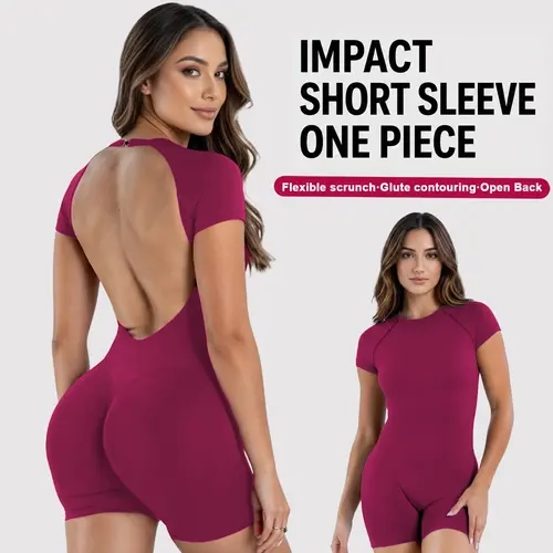 [SIZE UP 1] Women's DEEFY Impact Short Sleeve Sculpting Waist Shapewear Jumpsuit - Tummy Control, Butt Lifting, Comfy Tight-Fitting Fitness Sport Outfits, Gym Workout Apparel for Gym Training, Yoga