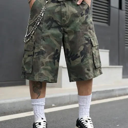 Men's Washed Camo Cargo Shorts, Camouflage Vintage American Streetwear, Loose-Fit Wide-Leg Knee-Length Shorts, Distressed Multi-Pocket, Summer Casual, Camouflage Print Shorts