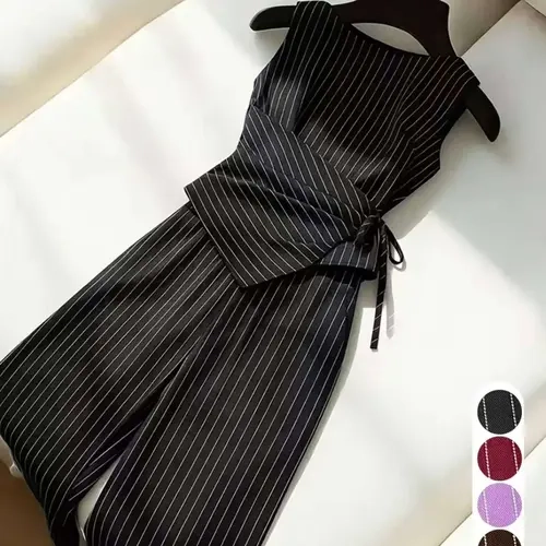 Striped Sleeveless Commuter Two-Piece Set Matching, Vertical Stripes Slimming Office, Elegant Casual Stripe Suit, All-Season Business Wear Polyester, Two Pieces Outfits