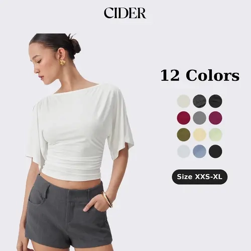 Cider Boat Neck Short Sleeve Cut Out Ruched Top