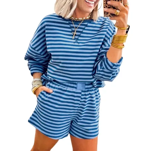 Asvivid Women Striped 2 Piece Loungewear Set-Drop Shoulder Long Sleeve Top Elastic Waist Shorts Breathable Cotton Blend Casual Outfit