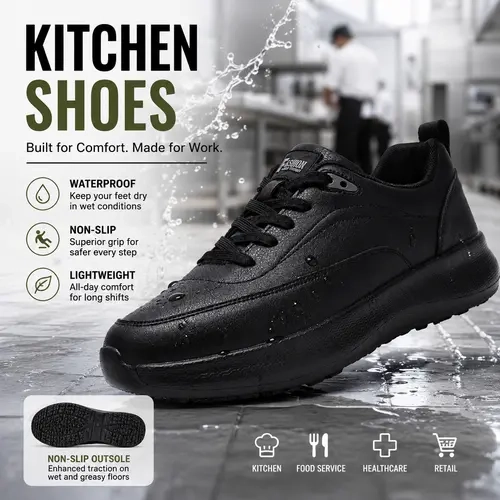 Men's Chef Work Safety Footwear - Black Closed Lace-Up Round Toe EVA Sports Shoes, Non-Slip, Waterproof, Stain-Repellent, Oil-Resistant, Odor-Free, Adjustable Elasticity, Comfortable, Lightweight, Minimalist for Catering Workers (All Seasons)
