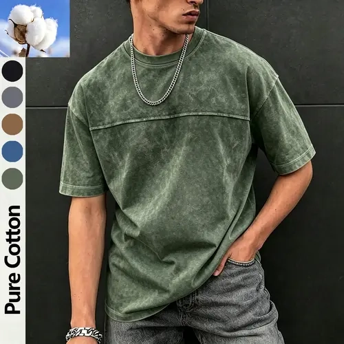 Men's Vintage Washed Loose Round Neck Short Sleeve Breathable Pure Cotton Plain Black Tshirt - Sohochic Classic Menswear Top, Suitable for All Occasion Wear, Casual Use