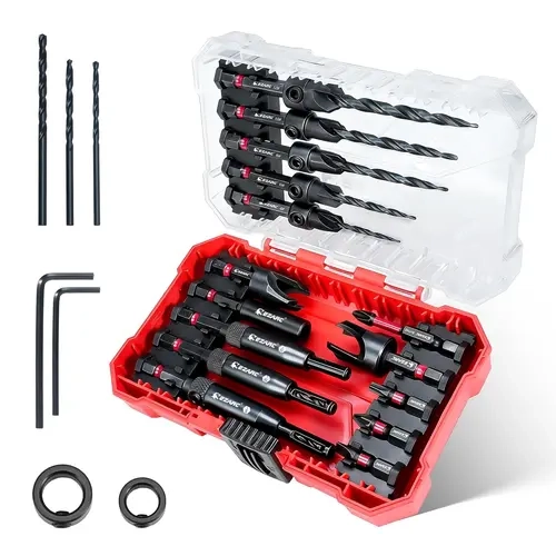 EZARC 14/22 Pcs Drill Bits Sets - 14 Pcs 4-Cutter Countersink Long-Life HSS Bits, 1/4" Hex Shank Tool, 1 Magnetic Holder, 2 Depth Stop Rings, Replacements, Screwdriver Heads, Storage Box for 14pc Hinge Kit, Woodworking