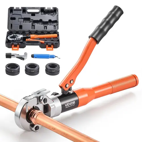 【ToolUpgrade】VEVOR Hydraulic Copper Pipe Crimping Tool with Hydraulic Drive Saves Arm Strain, 360° Head Rotation, 1/2"-3/4"-1" Jaws, 1 Copper Pipe Cutter, Full Kit for Narrow Spaces & Tee Fittings, Carrying Case Included - Cutting Tool