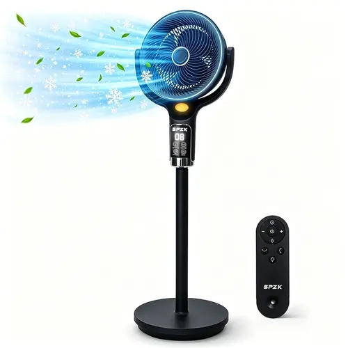 SPZK Standing Adjustable Integrated Stand Floor-Mounted Tower Pedestal Fan - Extendable Height, Oscillating, 8 Speeds, 9H Timer Set, Auto-Off, Remote Control, Quiet High-Quality Cooling Device for Bedroom, Home Office