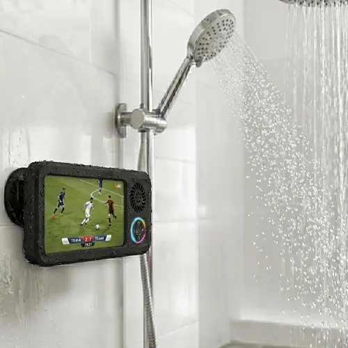 Waterproof Bathroom Shower Smartphone Stand with Wireless Bluetooth Speaker - Rotatable 360° Grip, Touch Sensor Access, Suction Cup Wall Mount, Universal Adjustable Secure Hold, Landscape View, Foam Padding Cushions Impact, Bathroom Gadget Phone Accessory