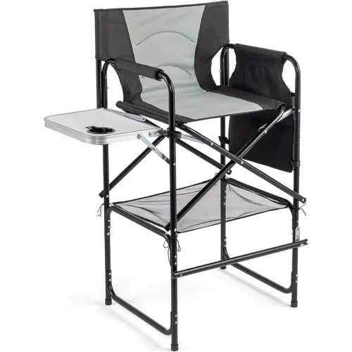 OmySalon 31-Inch Extra Tall Director Chair for Vanity, Craft Shows, Art Fairs & Adults - Foldable Armchair with Powder-Coated Round Steel Frame, 264 LBS Capacity, Armrests, Side Table, Footrest, Assembly Required (No Carry Bag)