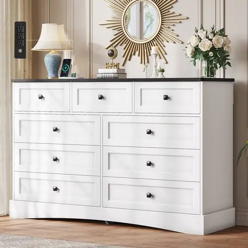 [TiktokShopStockUp] Sikaic 51.2 Inch Wide Dresser with 9 Drawers and Charging Station, Farmhouse Chest of Drawers with Built-in Power Outlets, Large Storage Cabinet for Bedroom and Living Room, Home Furniture Christmas Gifts