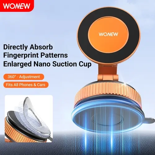 WONEW ZJ57 Magnetic Cell Phone Holder for Car - Adjustable Long Aluminum Metal Extendable Arm, Strong Vacuum Suction Dashboard Mount, GPS Holder for Smartphone & Car Owners