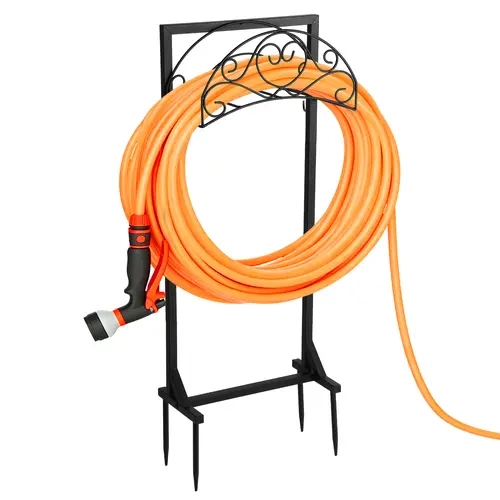 Heavy Duty Carbon Steel Garden Hose Holder with Storage Basket, 4-Anchor Design, Simple Setup, Rust Proof, Electrostatic Spraying - 150ft Capacity, Ground Spike, Storage for Outdoor Yards, Courtyards