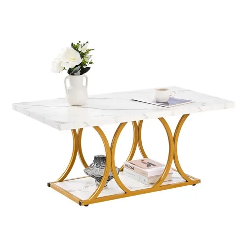 VEVOR Rectangular Coffee Table - 2-Tiered Gold Geometric Legs, Sturdy Metal Frame, Adjustable Feet, Waterproof Wipes Clean Fast Top, Modern Accent Tables for Living Room, Easy Install Office Furniture