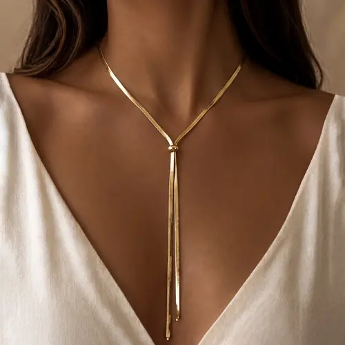 Tewiky Women's 14K Gold Plated Adjustable Snake Chain Lariat Necklace (39in/100cm) - Bead Accent, Y-Shaped Drop Dangle, Hypoallergenic Dress/Sweater Accessory, Anniversary Cool Unique Gift for Women, Gold Jewelry, Unique Jewelry