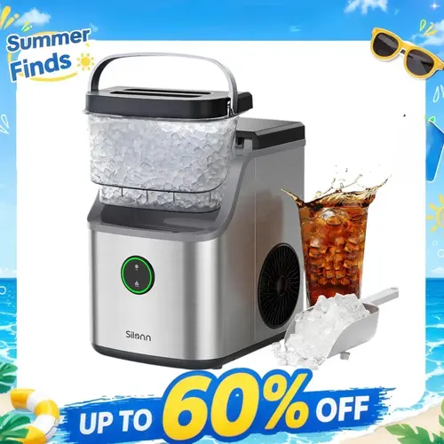 Silonn Automatic Stainless Steel & Plastic Countertop Ice Making Machine - 1.1L, 115V Plug, Handle-Carry Basket, Scoop, Quiet Operation, Self-Cleaning, 33 lbs/24H Chewable Pellet Ice for Home Kitchen
