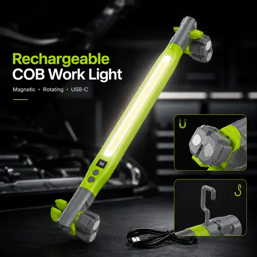 Rechargeable COB Work Light, USB-C Magnetic LED Inspection Light with Hook & Clamp, 360° Rotating Portable Garage Mechanic Light for Car Repair, Emergency, Camping, Father’s Day Gifts for Men Dad