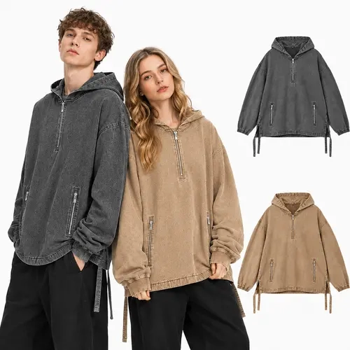 Gihuo Unisex Washed Cotton Half-Zip Hoodie, Oversized Vintage 80s 90s Y2K Pullover with Zip Pockets, Long Sleeve Retro Streetwear Sweatshirt for Men and Women
