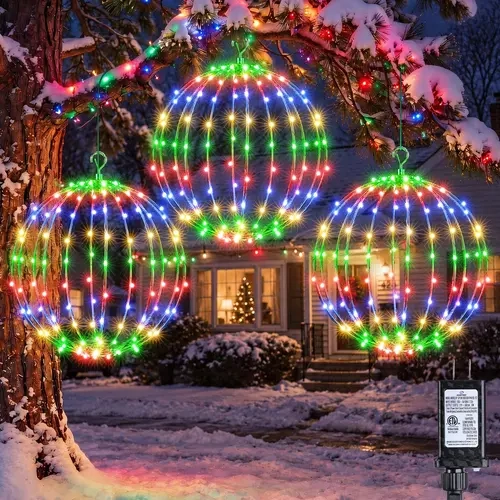 FLACCHI 3-Pack 12-Inch Foldable Sphere Hanging Ball Lights, 120 LEDs Each, Plug-in Decorative Lamps with 8 Modes, Timer Control, Auto Shut-Off & Memory for Holiday, Garden Decor
