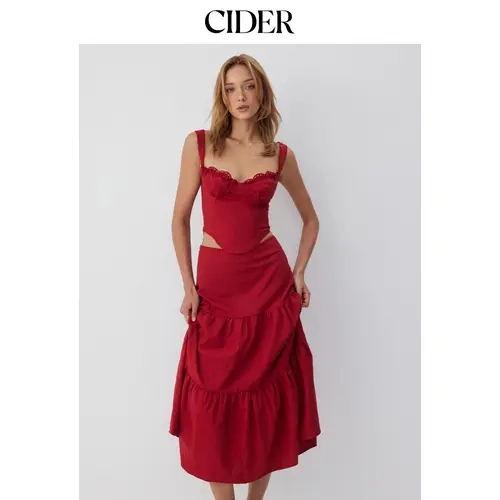 Cider Linen-blend Sweetheart Corset Lace up Cami Top & High Rise Tiered Maxi Skirt Set