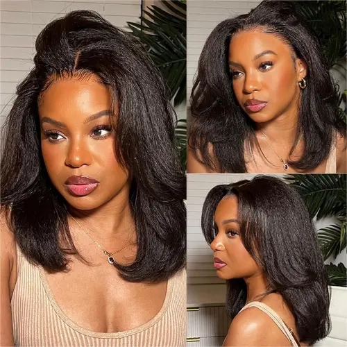 Mamushow Layered Yaki Straight Bob Drawstring Wig Human Hair Glueless Wig Pre Plucked Pre Cut Face-Framing 7X6 Glueless Ready To Wear Yaki Bob Wig for Women 180% Density