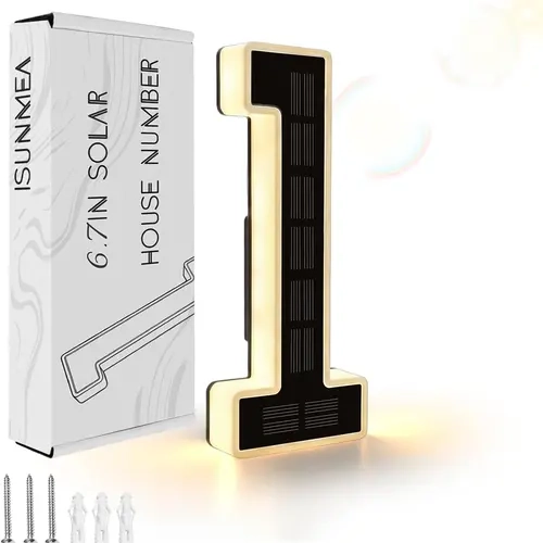 ISUNMEA 6.7-Inch High-Efficiency Solar House Number Light - Waterproof Outdoor ABS LED Sign with Automatic Intelligent Circuit Control, Easy Number Positioning, Screw Mounting Hardware, Modern Black & White Digital Plaque for Courtyards
