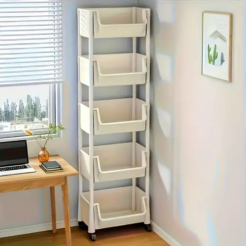 R-Multifunctional Multi-Layer Plastic Storage Cartwith Wheels, Layered Shelf Organizer for BedroomKitchen Bathroom Living Room  Adjustable Dividers Beige