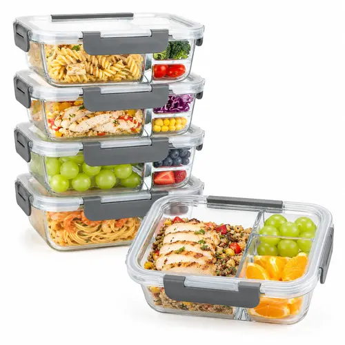 AISOON 5-Pack 36oz Borosilicate Heat-Safe Glass Meal Prep Bento Boxes - 3-Compartment, Airtight Lock Lids, Leak-Proof Stackable, Freezer & Dishwasher Safe for Work, Meal Planning, Container Storage Solutions, Glass Containers Food Storage, Leftovers