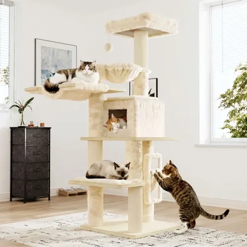 HOOMIC 77" Cat Tree, Ultra-Soft Plush with Thick Scratching Poles, Removable Hammock & Condo, Waterproof Wood Base，Beige & Leopard Print