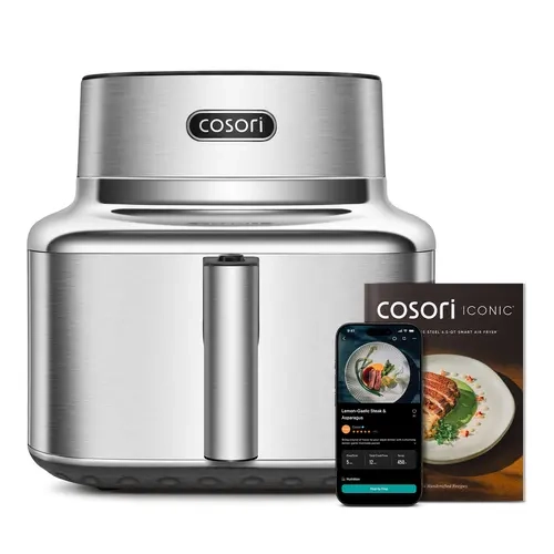 Cosori Iconic 6.5 Qt Stainless Steel Smart Air Fryer for 3-4 People - App Connectivity, Multi-Cook Mode (Roast, Bake, Dry, Proof), PFAS-Free Ceramic Coating, 450°F Max Temp, Standard Plug, Dishwasher-Safe Basket, Chef-Crafted Recipes, Max 450°F