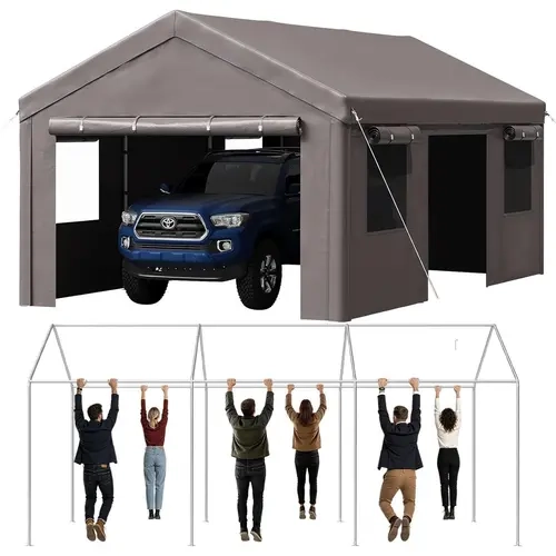 Aoxun 12x20/20x20ft Heavy Duty Car Canopy, Portable Garage with Sidewalls & Side Roll-up Door, Waterproof Outdoor Storage Shed for Cars, Motorcycles & Garden Equipment, Gray,outdoorfurnitureset