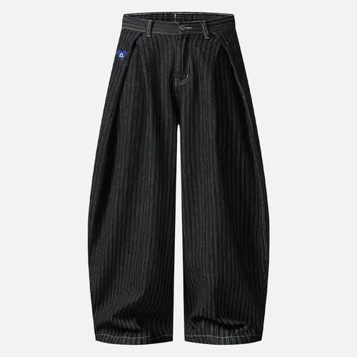 Aelfric Eden Men's High-Waist Pinstripe Baggy Barrel Jeans - Heavyweight Cotton-Polyester Blend, Pleated Waist, Embroidered Details, Casual Retro 2000s Streetwear, Unisex Fit Vintage Bottoms