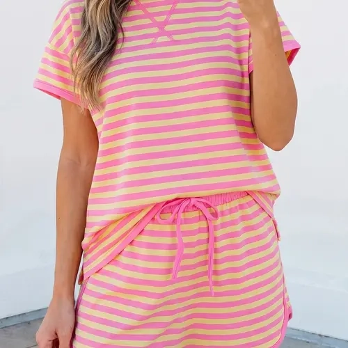 Women’s Striped 2-Piece Matching Set - Casual Drop Shoulder Shortsleeve Round Neck Tee & Drawstring Skort, Comfortable Athletic Summer Lounge Clothing Set,sohochic