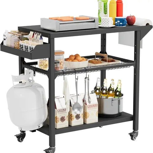 INTERGREAT Outdoor Grill Table with Wheels, Kitchen Cooking Prep Tables Movable BBQ Grill Cart for Garden, Camping, Home Party, Bar, Pizza Oven Table Stand