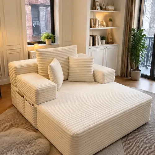 Oversized Convertible Corduroy Sofabed with Storage - Modern Sleeper Sofa, Plush Chaise Lounge with 3 Pillows, Armless Polyurethane Foam Comfy Couch for Small Spaces & Apartments