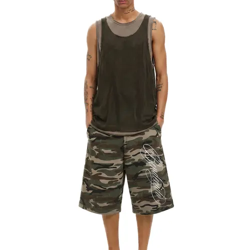 FDR Unisex Embroidered Camo Print Baggy Jorts, Vintage 3/4 Length Wide Leg Shorts, Low Waist Handwritten Graphic, Relaxed Loose Fit Streetwear Bottom for Everyday Wear, Travel and Skate Style