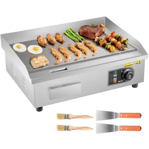 【Fallpicks】VEVOR Commercial Electric Indoor Cooking Grill, 21x11.8in 1750W Tabletop Teppanyaki Grill Griddle, 122-572°F Adjustable Temp Control, Stainless Steel Body, Iron Cooking Griddle Plate, 2 Shovels & Cleaning Brushes, for Restaurants, Cooking Grill