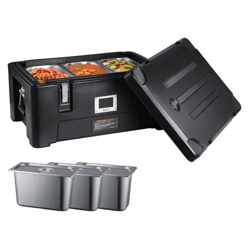 【Fallpicks】VEVOR 2-Layer Thermal Insulated Lunch Box, 36Qt 2000ml+ Stackable Catering Hot Box with 3 Stainless Steel Pans, Top-Load LLDPE Warmer, Elastic Grip, Tight Snap Lock, 4-Groove Wheels, Menu Slot ID, Black, for Delivery, Campfire-BBQ Parties