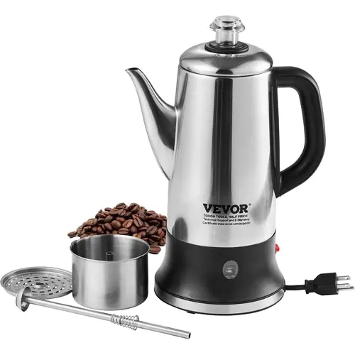 【Fallpicks】VEVOR 12-Cup 150ml Each 1.8L 304 Stainless Steel Electric Percolator, Heat-Safe Handle, Auto Reheat 113°F, Keep Warm, Quick Brew, Easy-Pour Spout, Secure Lid, Silver Scale, 1 Pot for Coffee Tea or Hot Water, Home Kitchenware