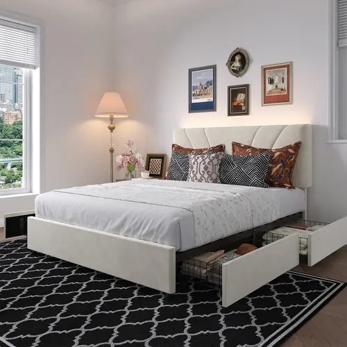 Novilla Full/Queen/King Size Upholstered Bed Frame, Adjustable LED Wing Headboard，Charging Station, Built-in Underbed Storage Drawers, No Box Spring Needed,Back To School