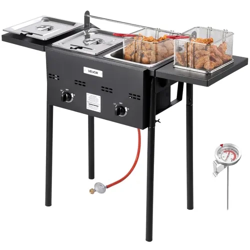 【Fallpicks】VEVOR 16qt Adjustable Temperature Deep Fryer, Dual-Tank Stainless Steel Commercial Cooker with 2 Baskets for Simultaneous Use, Fold-Flat Tables, Hook, Floor Standing, CSA Certified Pressure Regulator, Home Use Fryer with Basket