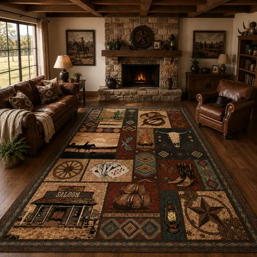 YIHOUSE Farmhouse Indoor Floor Rug - 0.24-in Tight Low Crystal Pile, Vintage Patchwork Wild West Icons Spill-Repel Print, Non-Slip, Durable Rugs with Designs for Bedrooms, Living Rooms