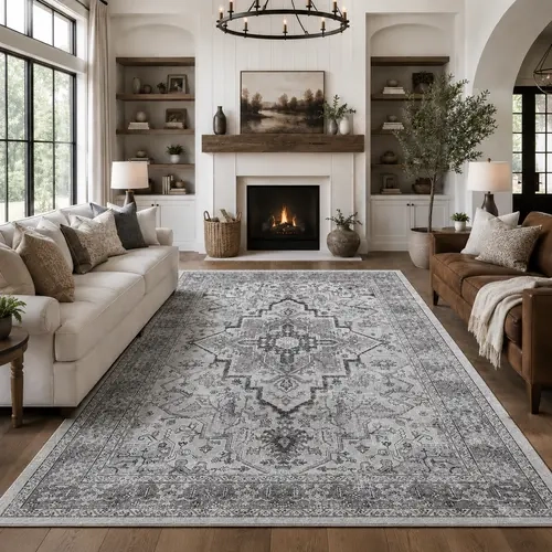 YIHOUSE Tufted Weave Washable Neutral Vintage Floral Print Indoor Area Rug - Large Modern Bohemian Mandala, Non-Slip, Stain-Resistant, Soft, Easy Machine-Wash, Home Decorative, Distressed Ethnic Runner for Living Room, Bedroom, Modern Bohemian Rug
