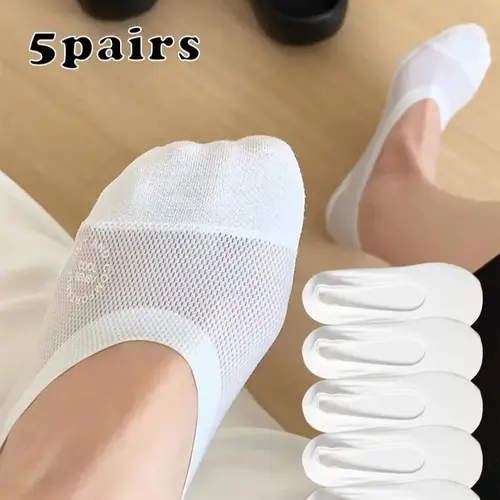 Women's Minimalist 5-Pairs Short No Show & Liner Socks - Casual Everyday Solid Color Thin Flat Breathable Mesh Boat Socks, Non-Slip Silicone Grip Polyester Knit Daily Wear