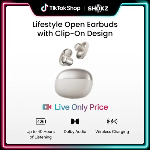 【Live only】SHOKZ OpenDots ONE Open-Ear Clip-On Bluetooth Earbuds, Dolby Audio Clip-on design; Open ear awareness; Lightweight secure fit; Dolby Audio; 40H listening; Travel/Commuting/Yoga
