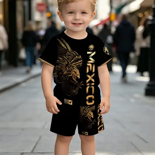Boys' High Street Fashion Gold Football Theme Set, Short Sleeve Shorts Two-Piece Set, Casual Outdoor Sports, Sports Clothing Set, Birthday Gift, Holiday Gift, Graphic Print Set, Sportswear Set, Outfit Sets