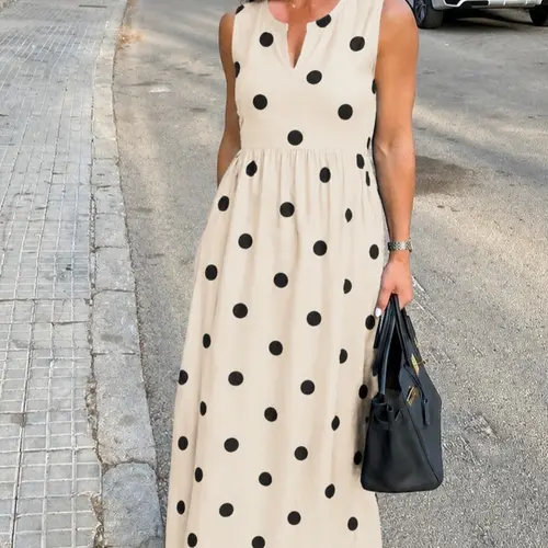 Polka Pockets Long Dress Sleeveless Berry Garden Sleeveless Maxi Dress Casual Summer Vacation Dress Womenswear Fitted Vneck