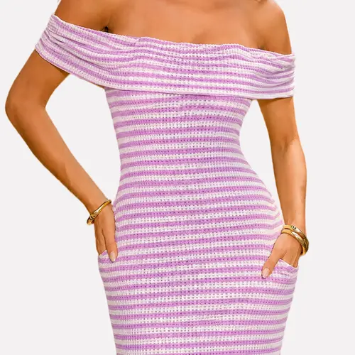 Off Shoulder Women's Summerwins Dress with Pockets Crochet Knit Cover Up Mini Dress for Summer Beach Vacation, Casual Womenswear Striped Purple White