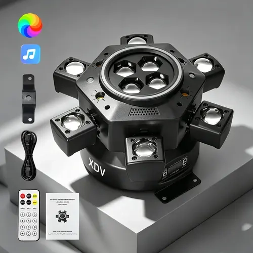 XDV 6-Eye 6-Arm Moving Head Stage Light, Upgraded Bee-Eye 6-Arm DJ Party Light from 4-Arm Bee-Eye Design, 120W RGBW Sound Active Light with Laser, Strobe, Remote Control & DMX512 for Bar, KTV, Club, Home Parties Halloween Day
